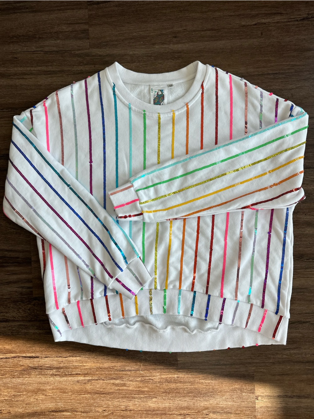 Queen of Sparkles Rainbow Sequin Stripe Sweatshirt in White. Size XS.